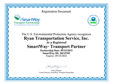 Certificate from SmartWay honoring Ryan Transportation as a Transport Partner from 2015-2022.